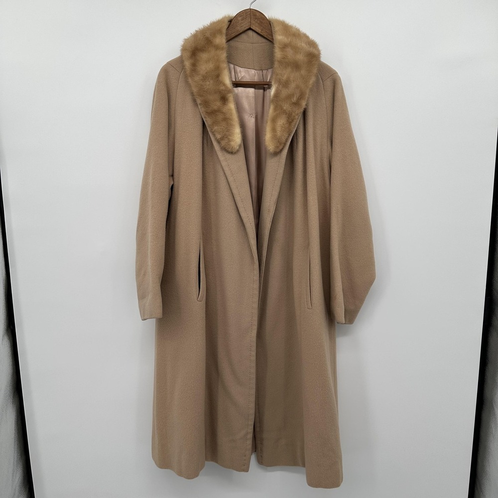 Vintage 60s 100% Cashmere Overcoat Womens M L Genuine‎ Fur Collar Coat Old Money